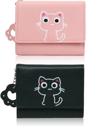 IKOPFLN Pack of 2 Cute Women's Small Thin Bifold Leather Wallet with Protection, Purse Girls with Zip Coin Compartment (Black and Pink), b, A