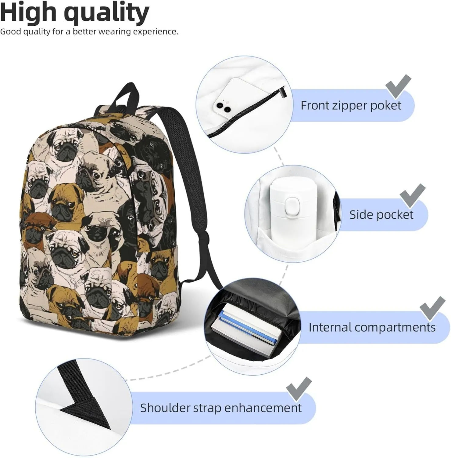 Imagen De Pug Print Canvas Backpack Women,Mens Travel Casual Daypack Bookbag For Laptop Work Travel Hiking