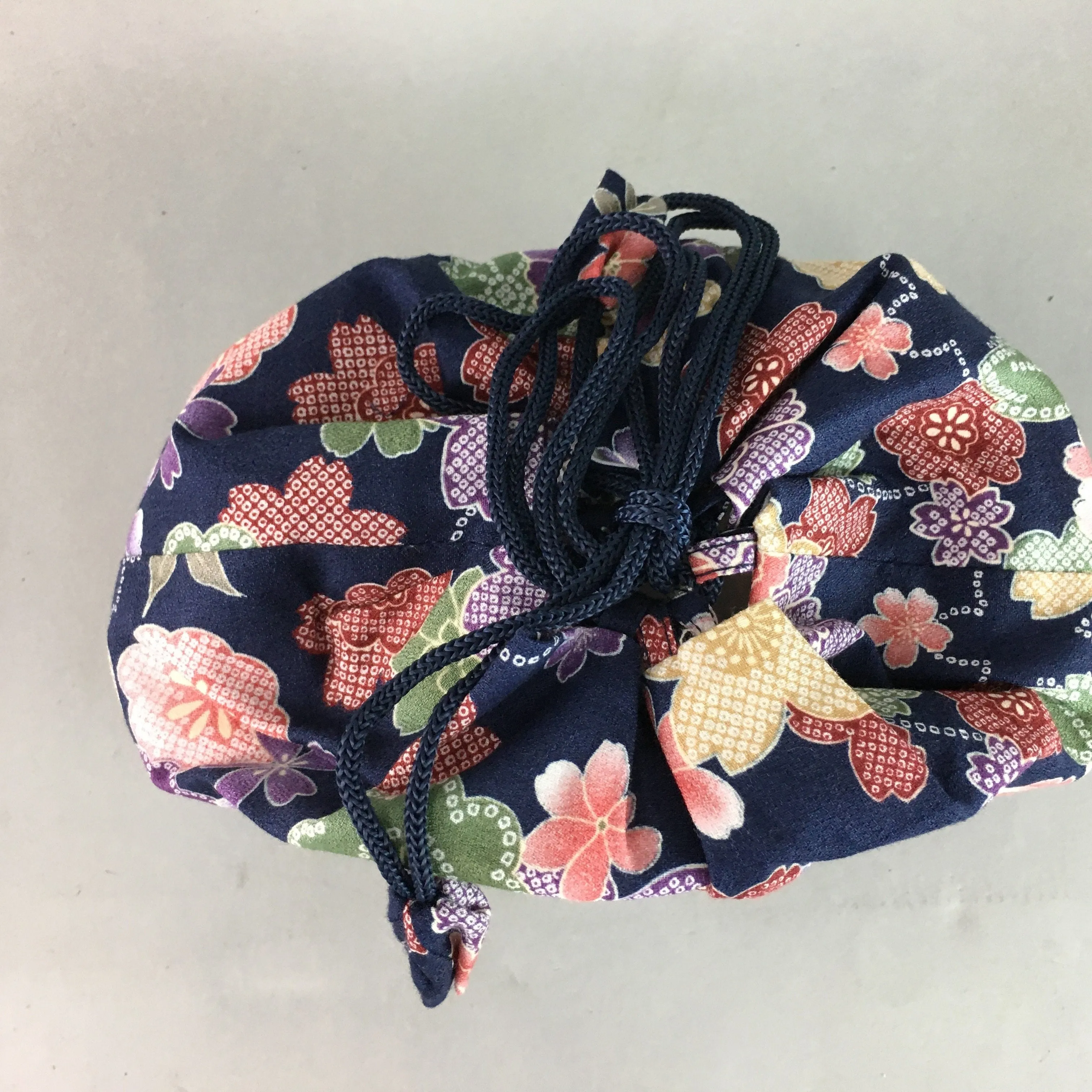 Japanese Cloth Drawstring Bag Vtg Fabric Kimono Pouch Floral Dark Blue KB10