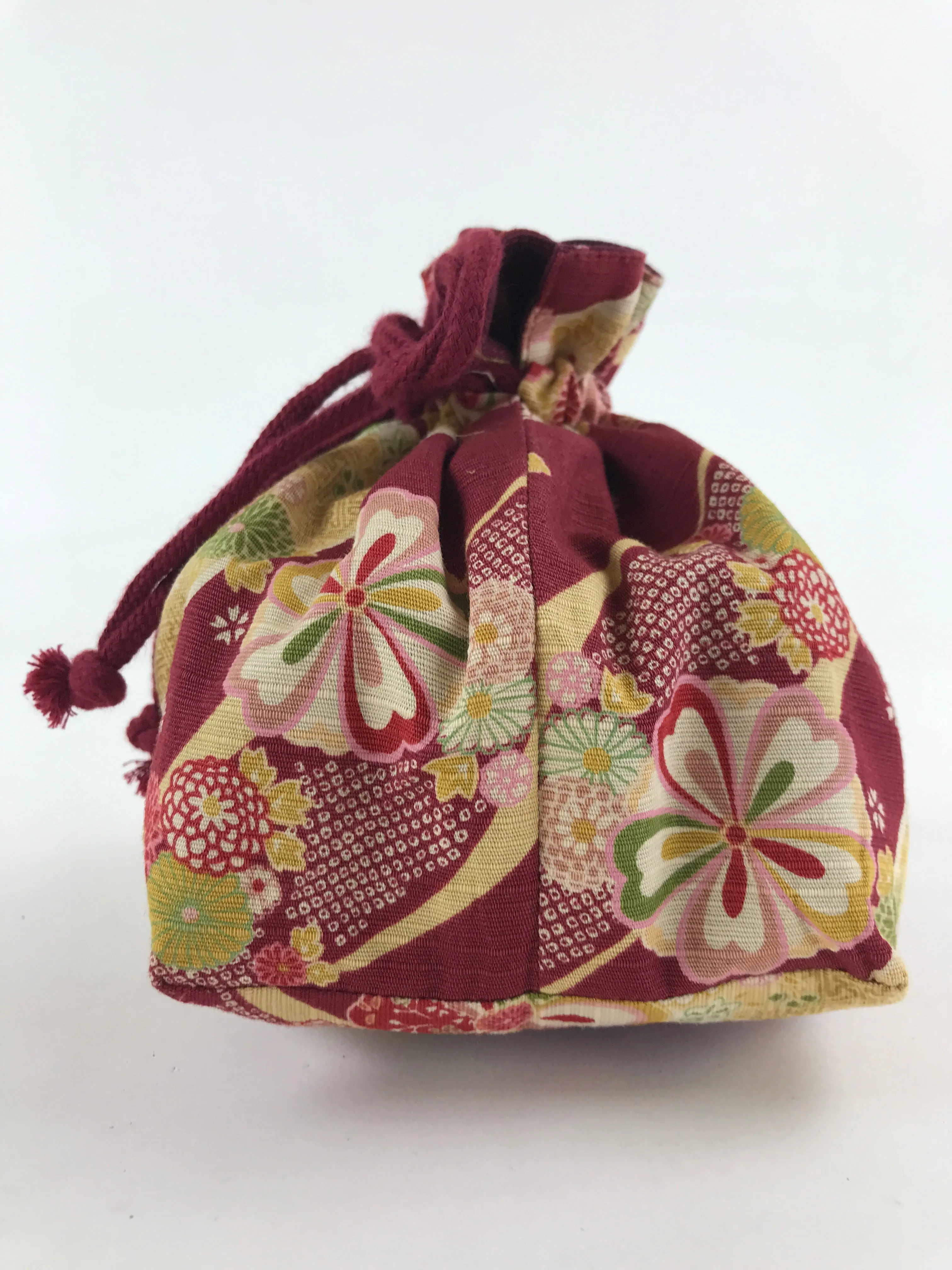 Japanese Kinchaku-Bukuro Drawstring Bag Vtg Kimono Cloth Purse Pouch Flowers KB6