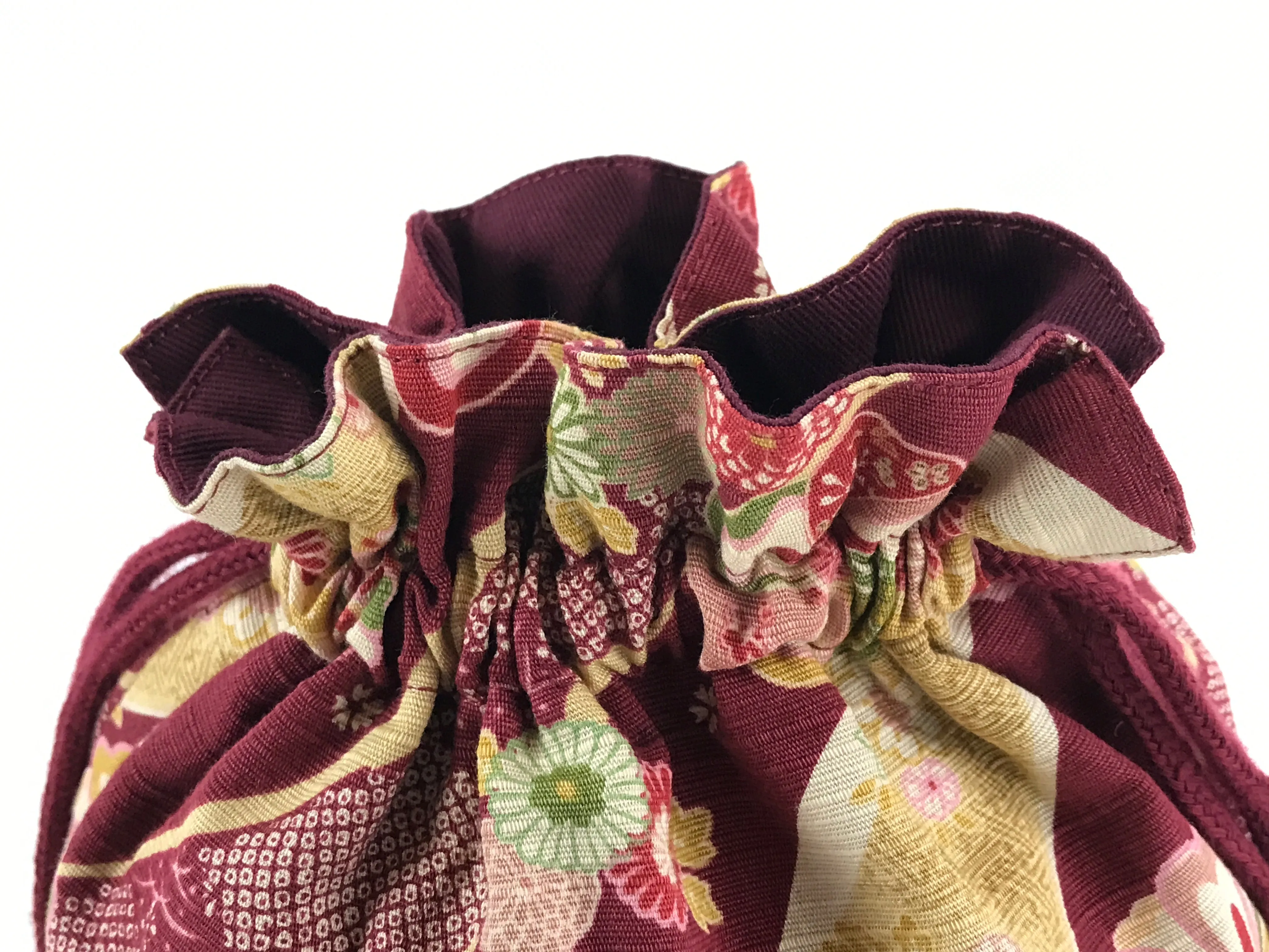 Japanese Kinchaku-Bukuro Drawstring Bag Vtg Kimono Cloth Purse Pouch Flowers KB6