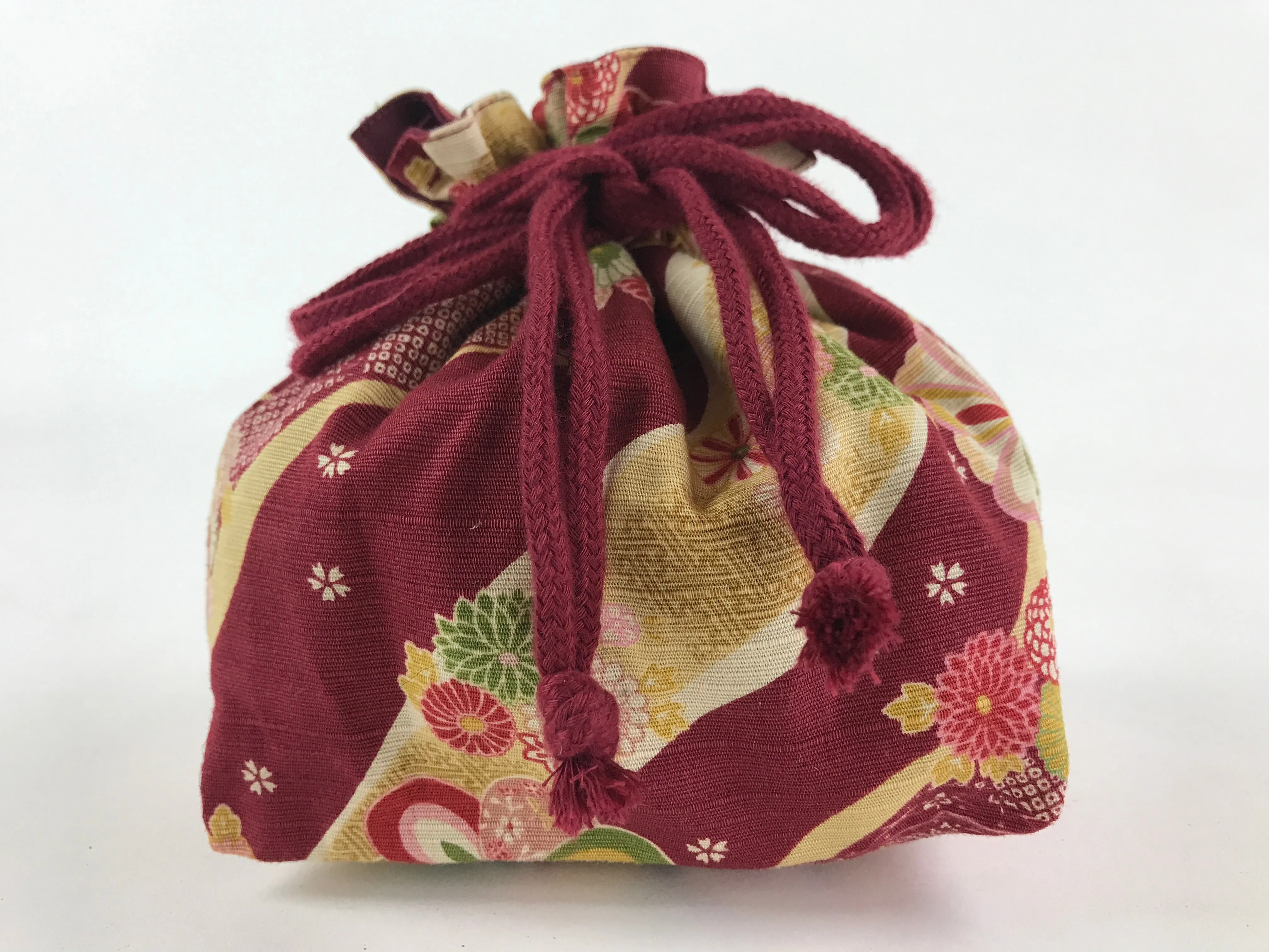 Japanese Kinchaku-Bukuro Drawstring Bag Vtg Kimono Cloth Purse Pouch Flowers KB6