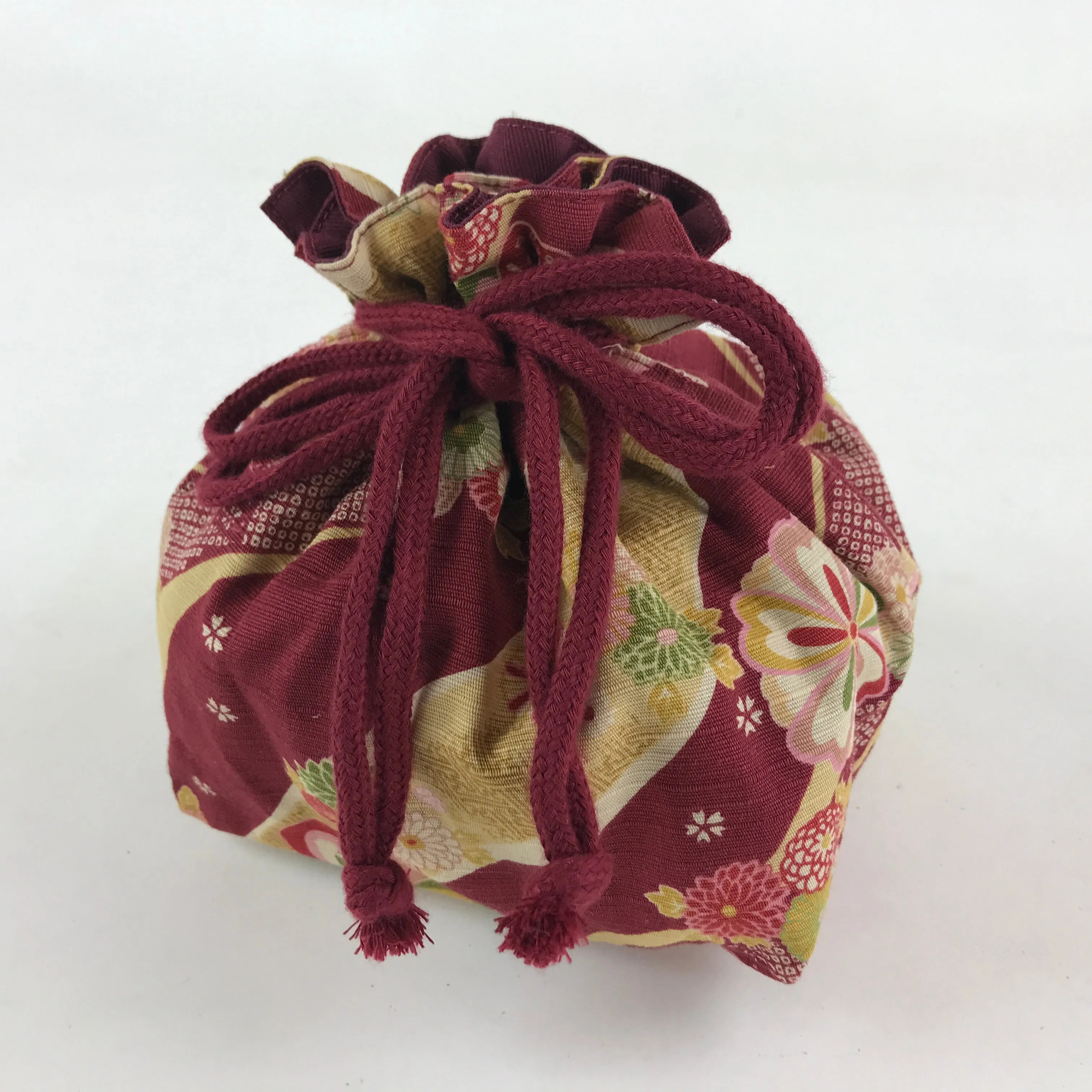 Japanese Kinchaku-Bukuro Drawstring Bag Vtg Kimono Cloth Purse Pouch Flowers KB6