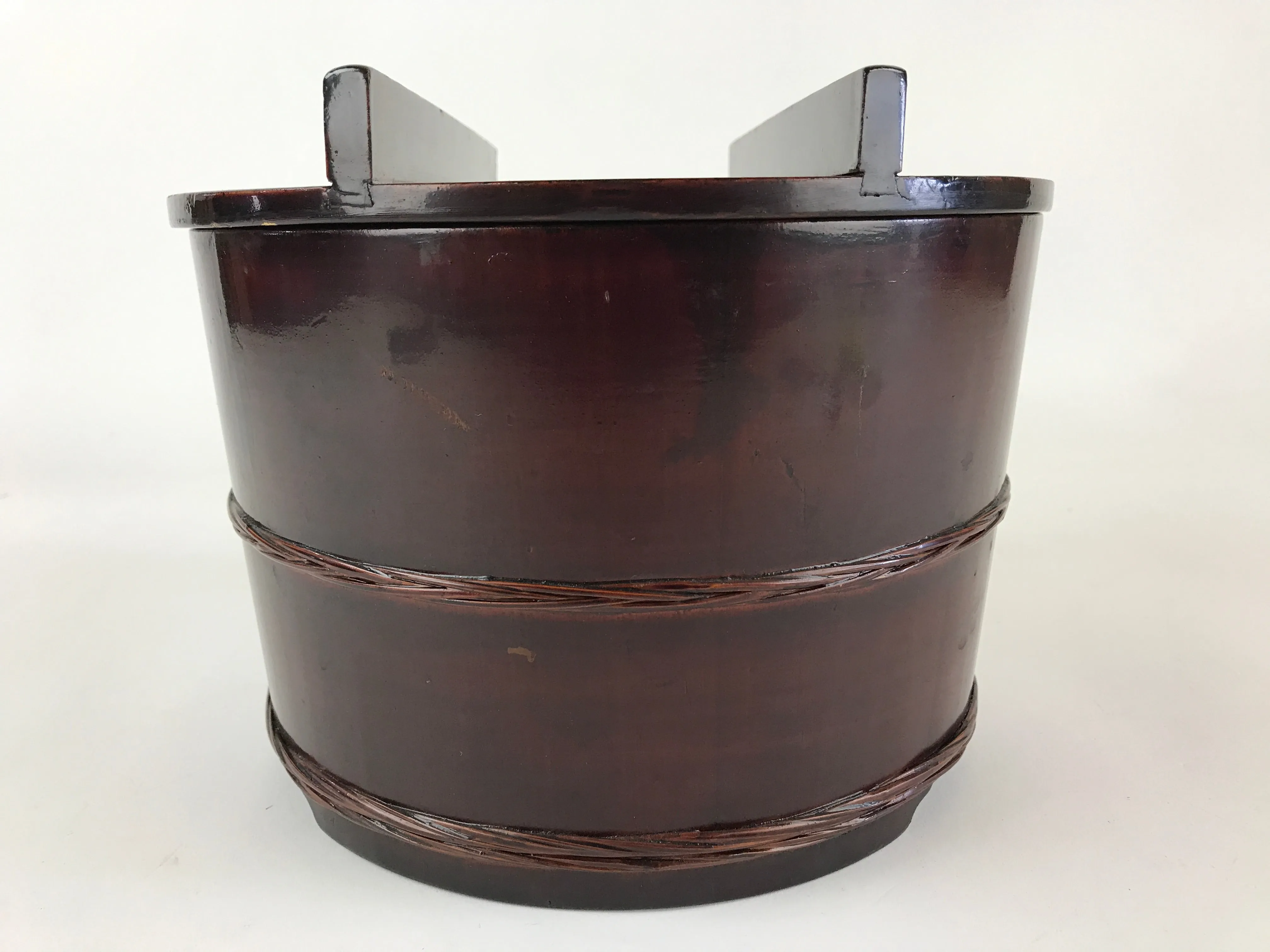 Japanese Lacquered Wooden Oke Lidded Bucket Brown Vtg Water Rice Storage BK9
