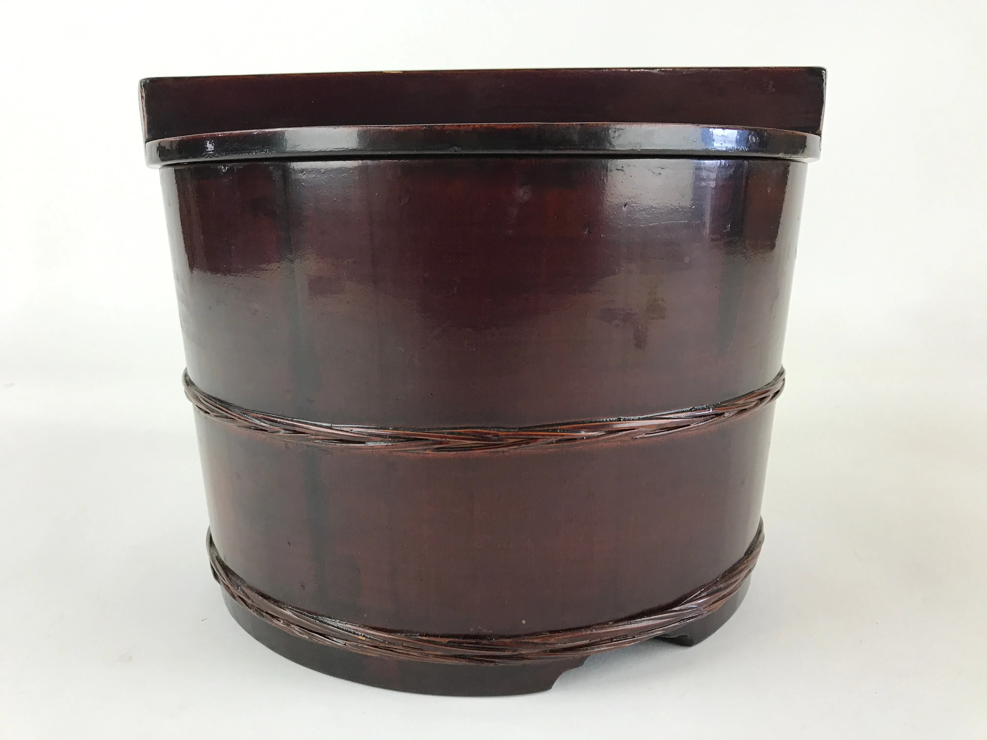 Japanese Lacquered Wooden Oke Lidded Bucket Brown Vtg Water Rice Storage BK9