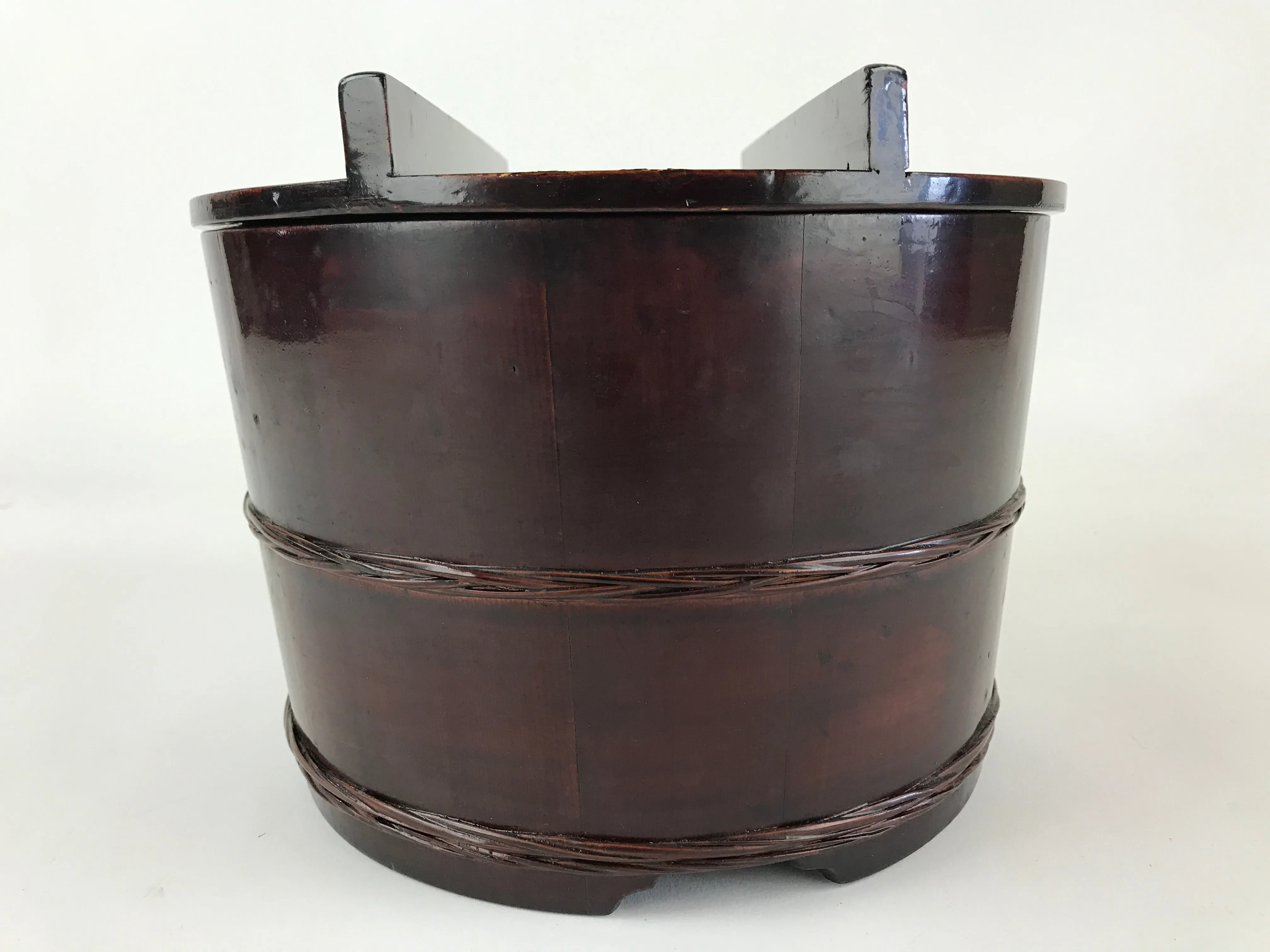 Japanese Lacquered Wooden Oke Lidded Bucket Brown Vtg Water Rice Storage BK9