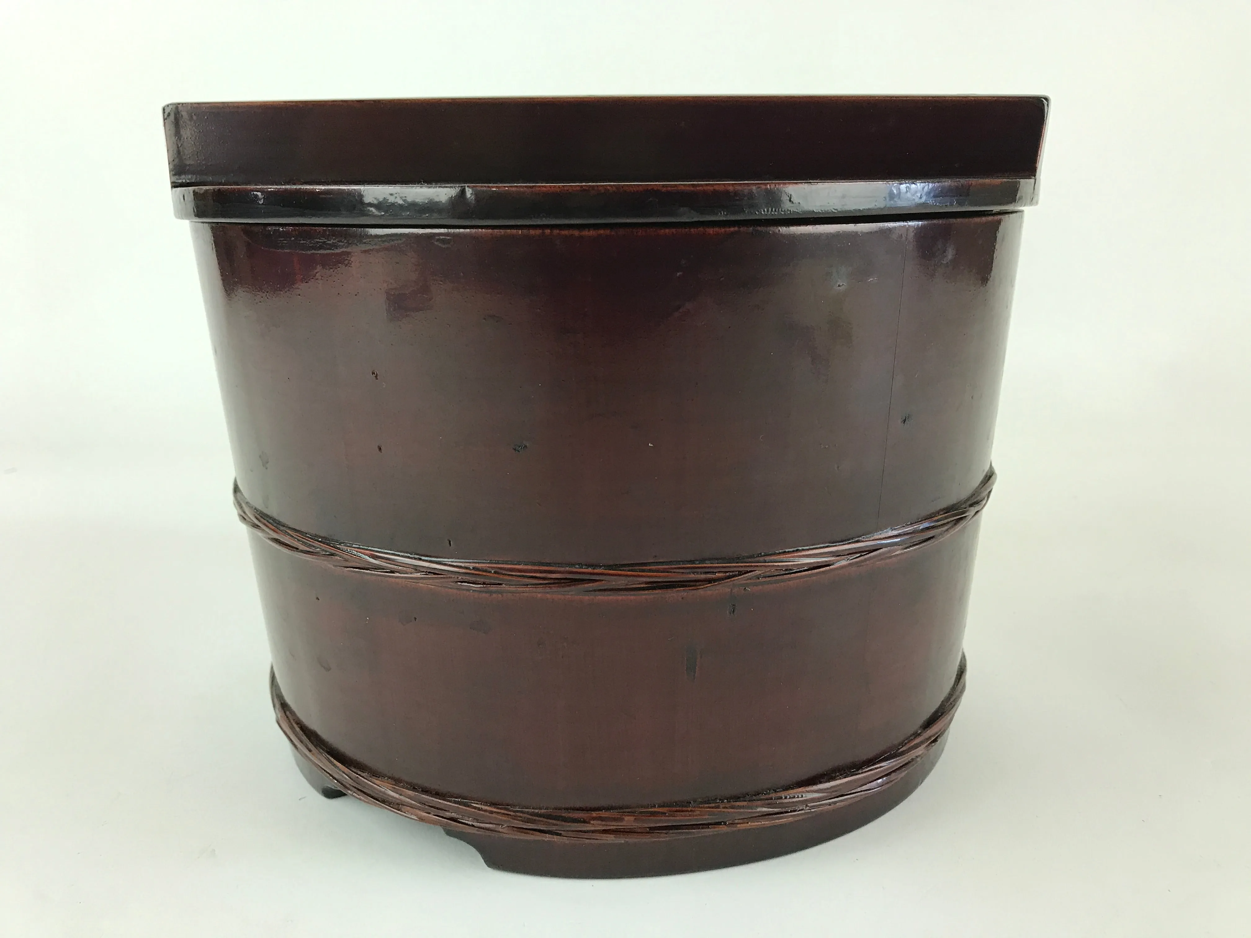 Japanese Lacquered Wooden Oke Lidded Bucket Brown Vtg Water Rice Storage BK9