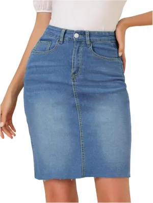 Jean Skirts for Women Denim Knee Length Mini Skirt Office Work Skirts Stretchy High Waisted Bodycon Skirt with Pockets