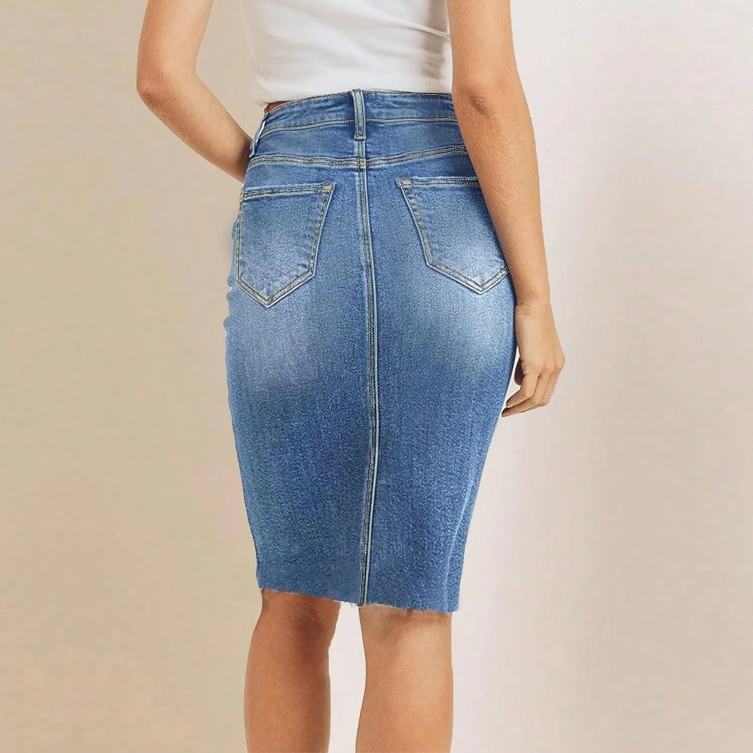 Jean Skirts for Women Denim Knee Length Mini Skirt Office Work Skirts Stretchy High Waisted Bodycon Skirt with Pockets