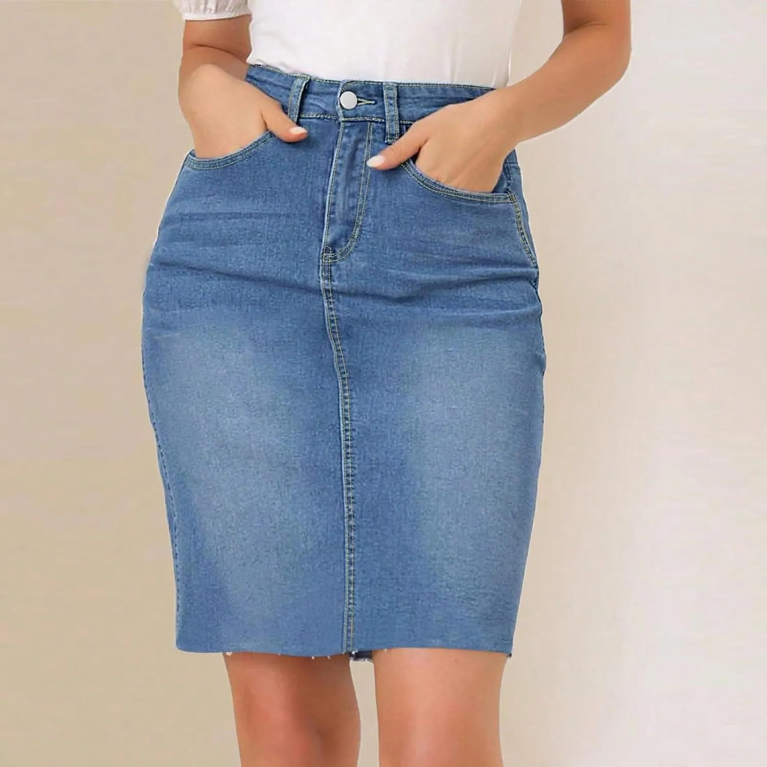 Jean Skirts for Women Denim Knee Length Mini Skirt Office Work Skirts Stretchy High Waisted Bodycon Skirt with Pockets