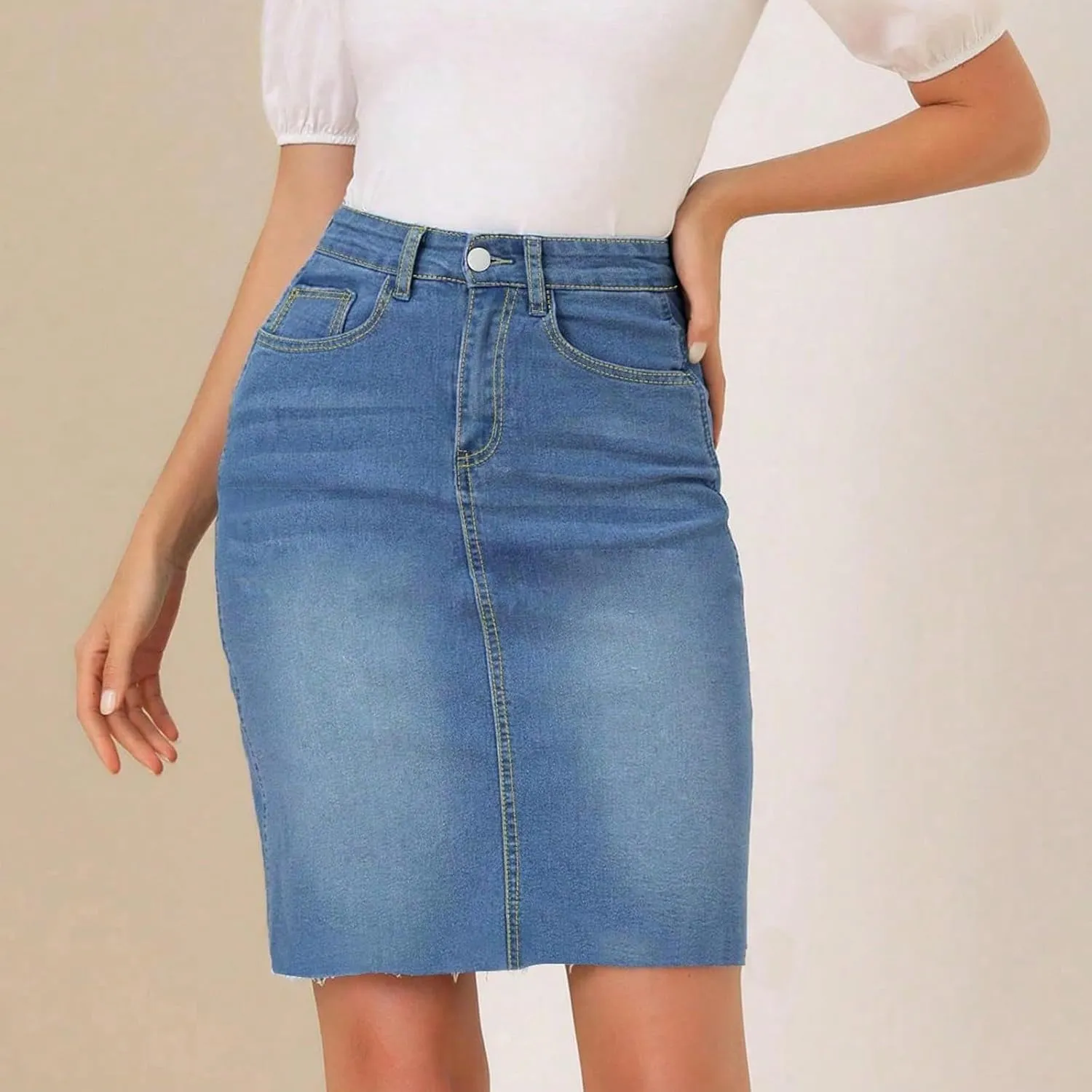 Jean Skirts for Women Denim Knee Length Mini Skirt Office Work Skirts Stretchy High Waisted Bodycon Skirt with Pockets