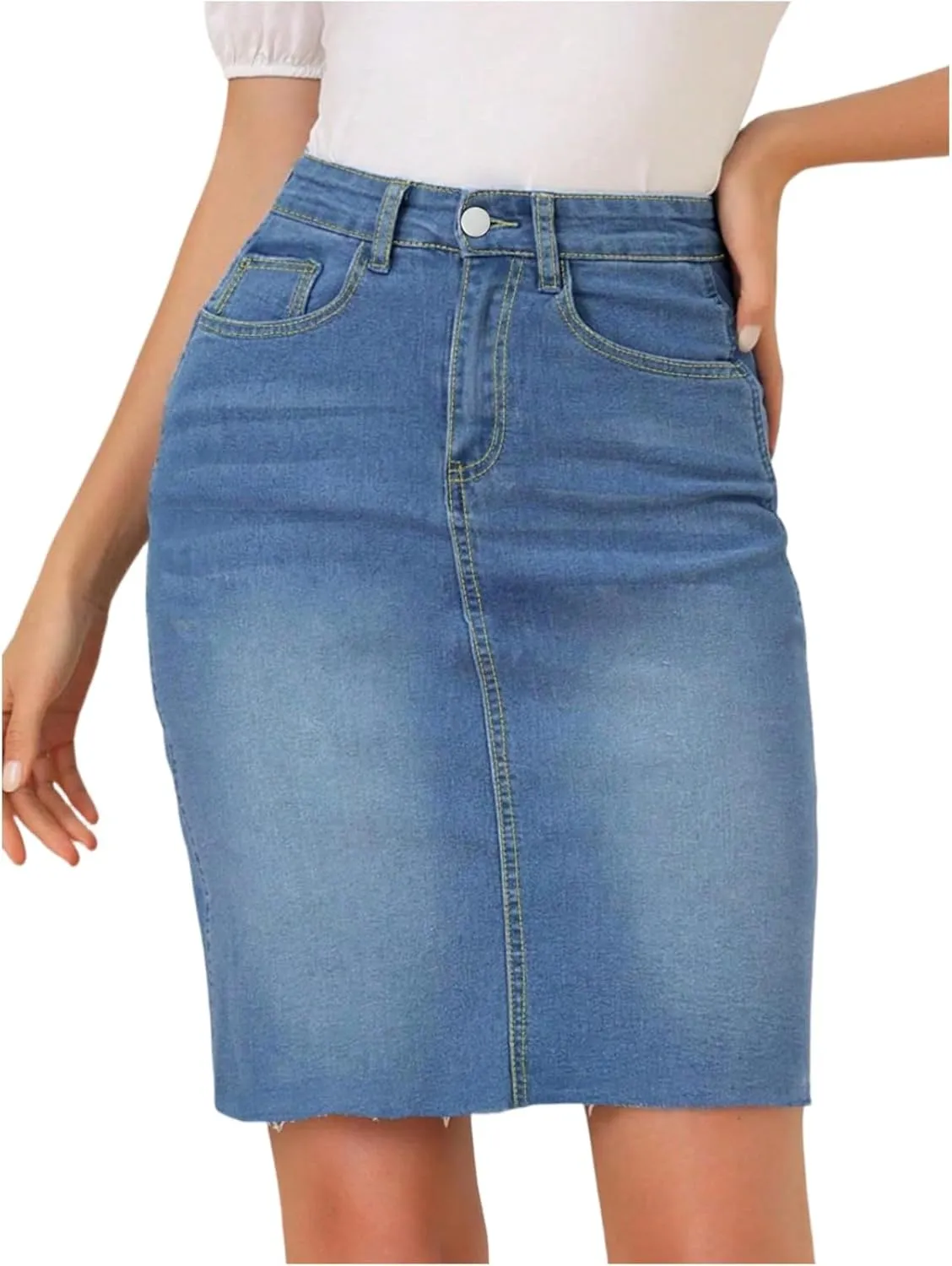 Jean Skirts for Women Denim Knee Length Mini Skirt Office Work Skirts Stretchy High Waisted Bodycon Skirt with Pockets