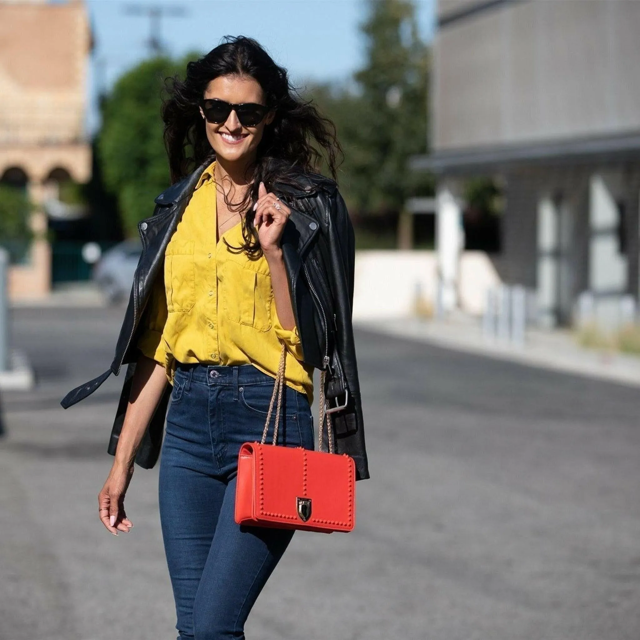 Josie Leather Purse with Gold Chain in Red