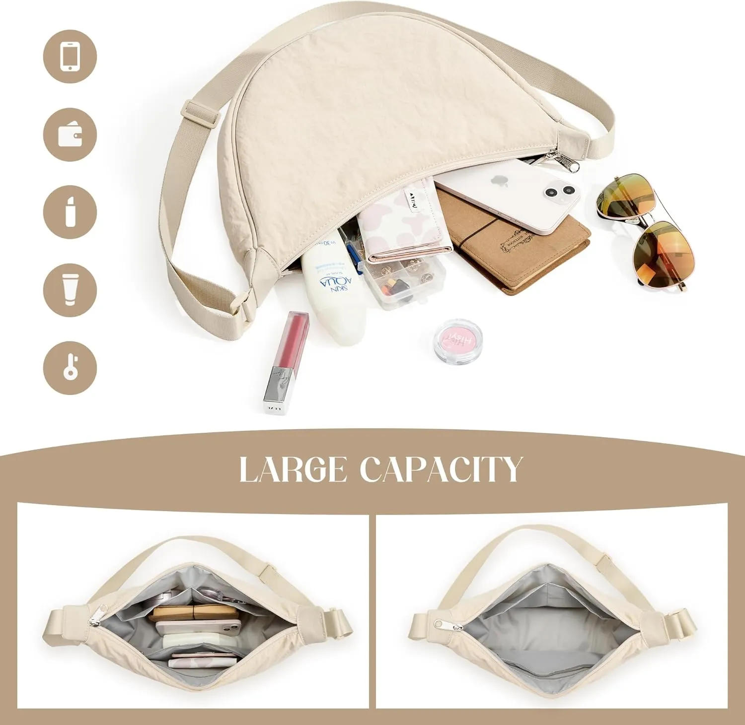 KALIDI Crossbody Bag Women's Large Half Moon Bag Women's Shoulder Bags Shoulder Bag with Adjustable Strap Nylon Hobo Bag