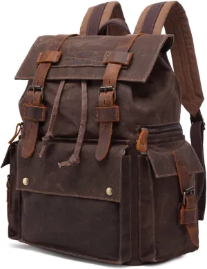 Kamlui Leather Backpack for Men Vintage with Laptop Compartment 15.6 inch Waxed Canvas Extra Large Size Stitch Drawstring Brown Women Purse Computer Rucksack for Travel Work Commuter Sport Hiking