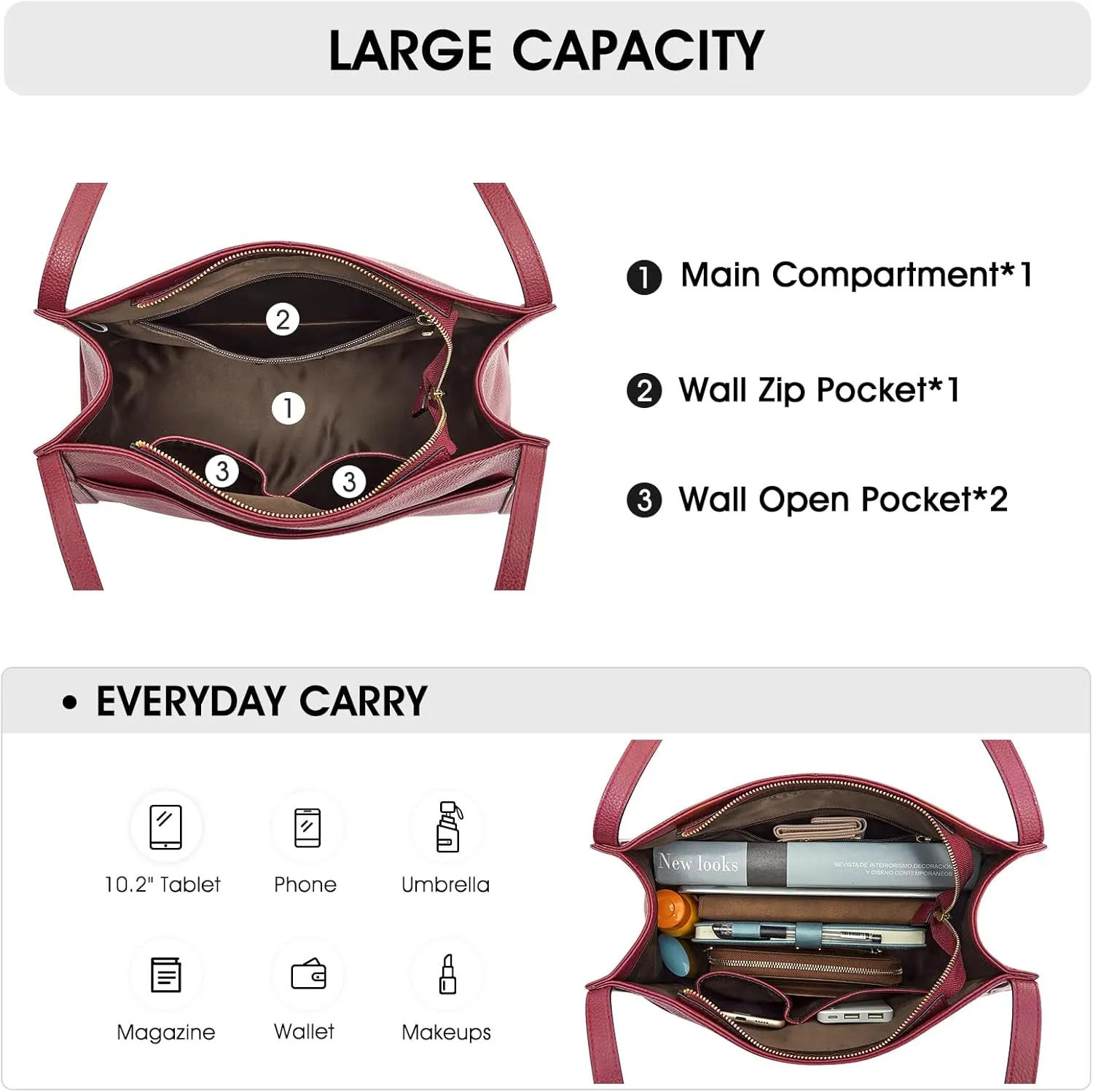 Kattee Leather Tote Bags for Women, Soft Leather Shoulder Purses and Handbags