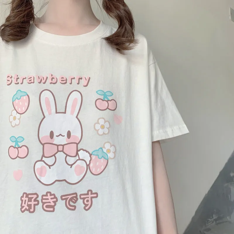 Kawaii Strawberry Bunny Graphic T-Shirt
