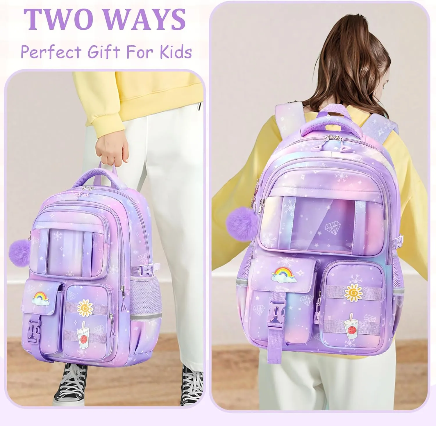 Kids Backpacks for Girls - Cute Girls Backpack for Kids Children Teens Elementary Middle School - 17″ Students Bookbag Travel Back Pack for Age 6-18