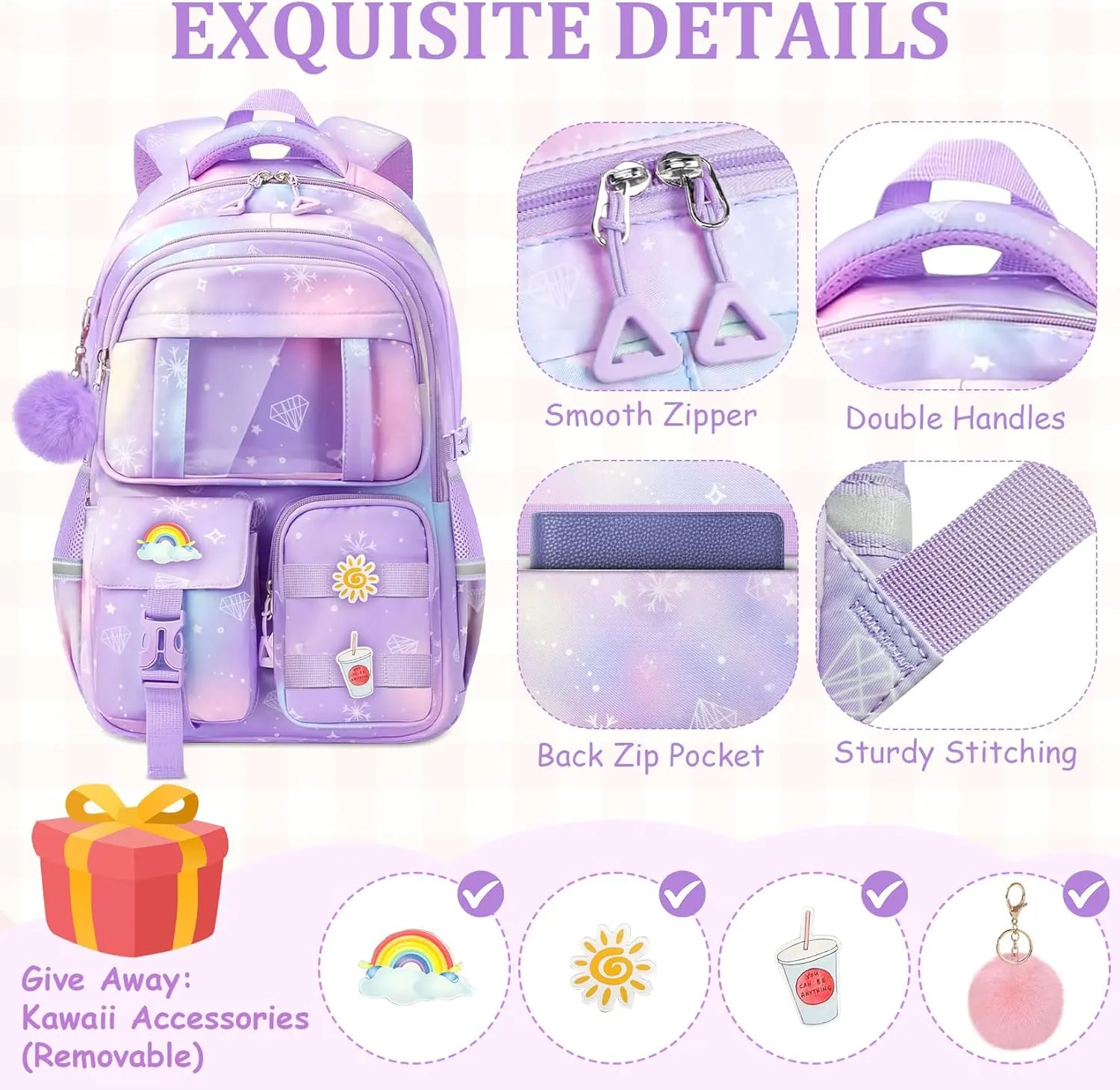 Kids Backpacks for Girls - Cute Girls Backpack for Kids Children Teens Elementary Middle School - 17″ Students Bookbag Travel Back Pack for Age 6-18