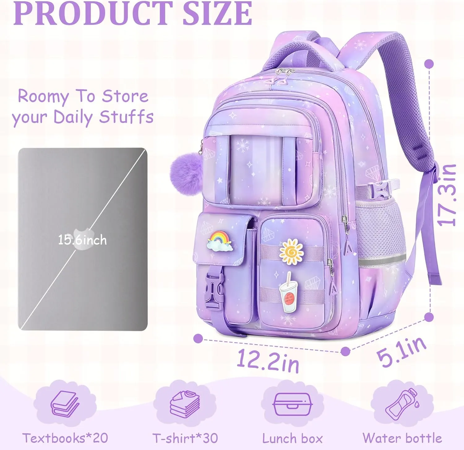 Kids Backpacks for Girls - Cute Girls Backpack for Kids Children Teens Elementary Middle School - 17″ Students Bookbag Travel Back Pack for Age 6-18