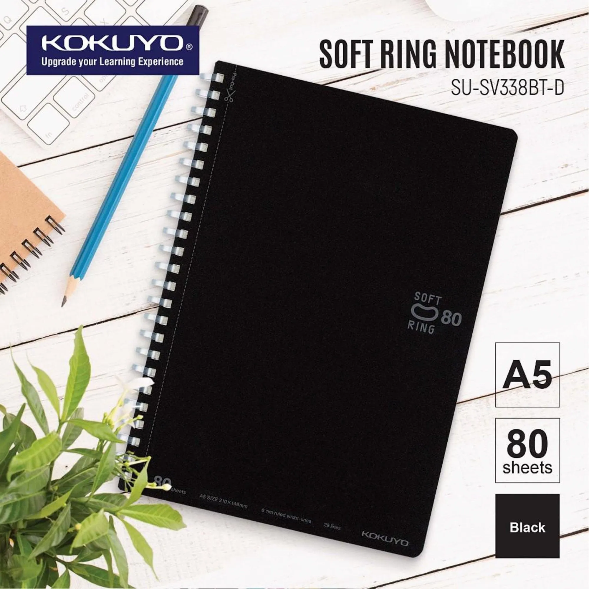 Kokuyo A5 Soft Ring BLACK Notebook Dotted Line 6 mm Rule | 80 Sheets SV338BT