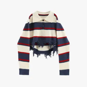 Korean Aesthetic Distressed Striped Knit Top