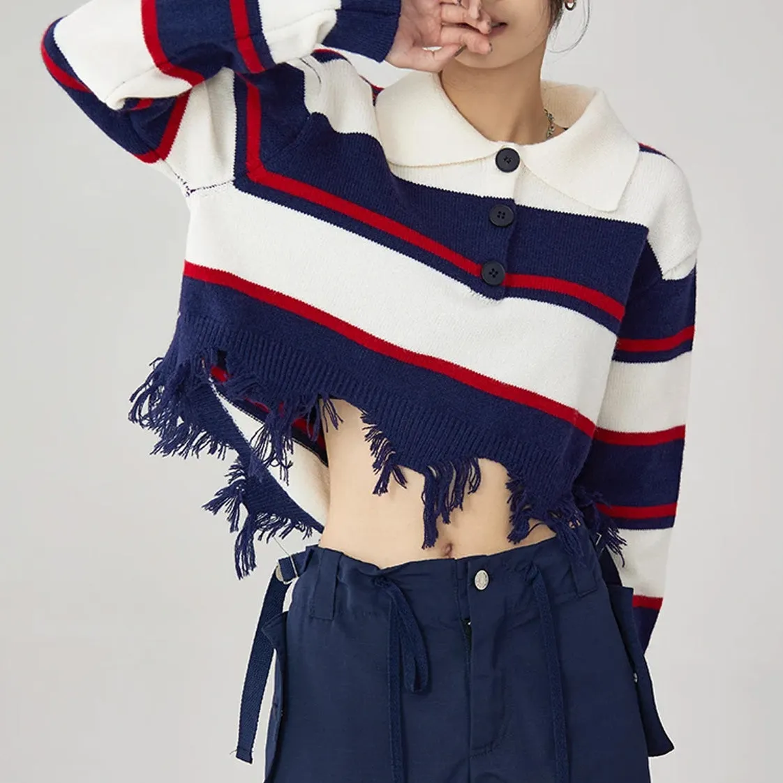 Korean Aesthetic Distressed Striped Knit Top
