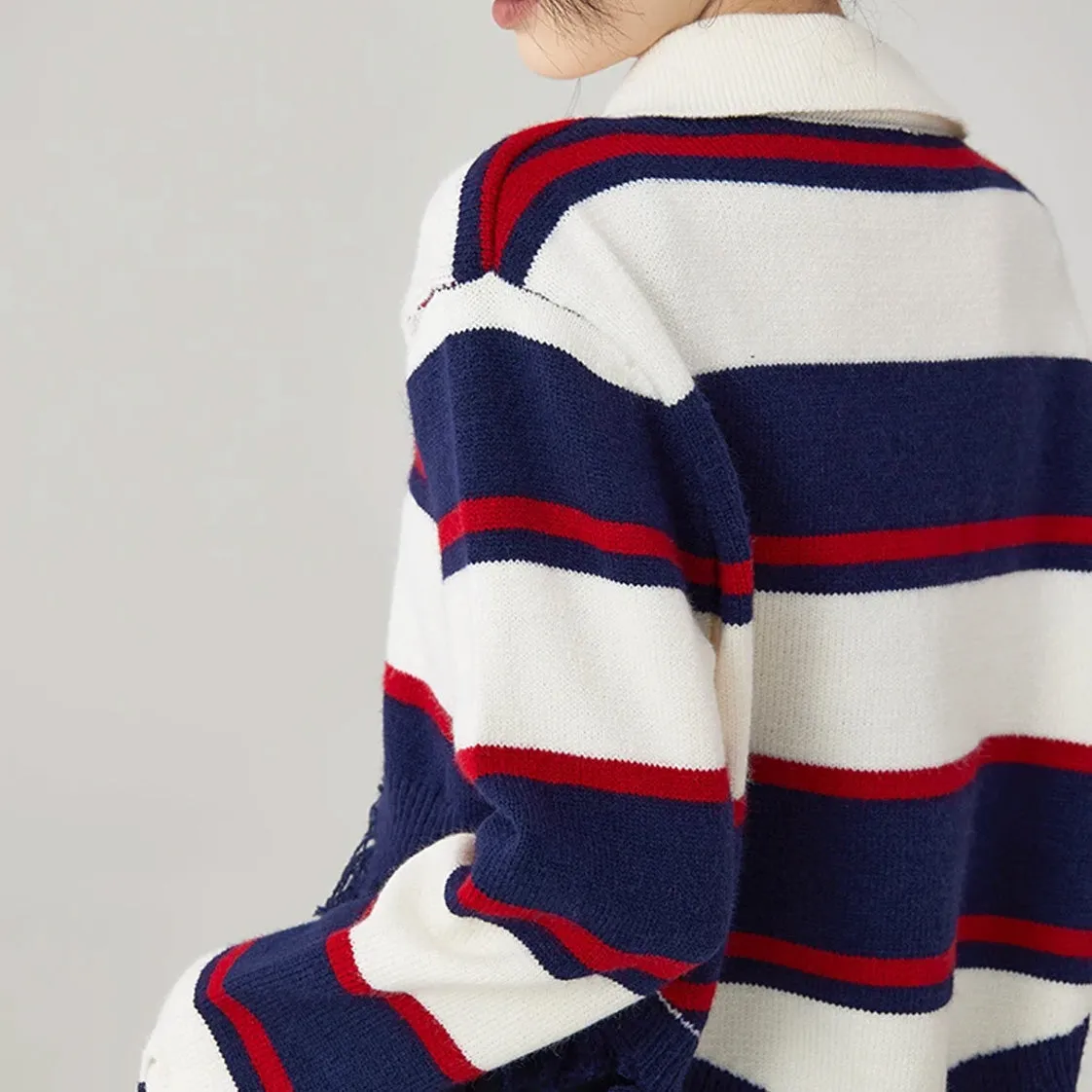 Korean Aesthetic Distressed Striped Knit Top