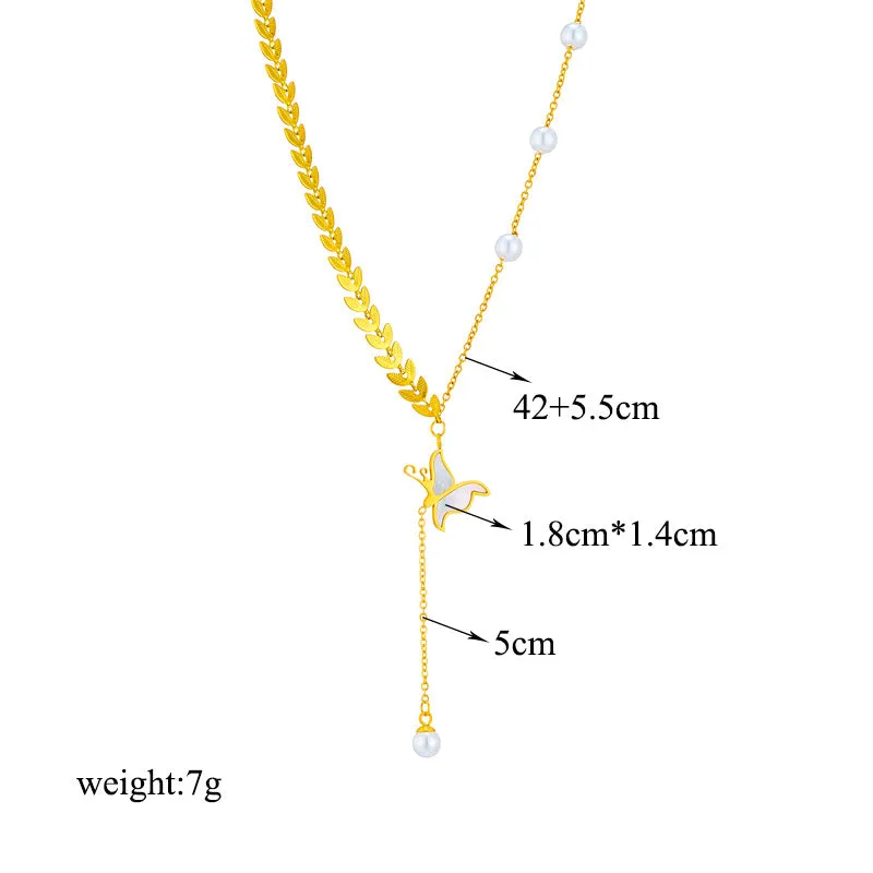 Korean Bowknot Chain Tassel Titanium Steel Electroplating Necklaces