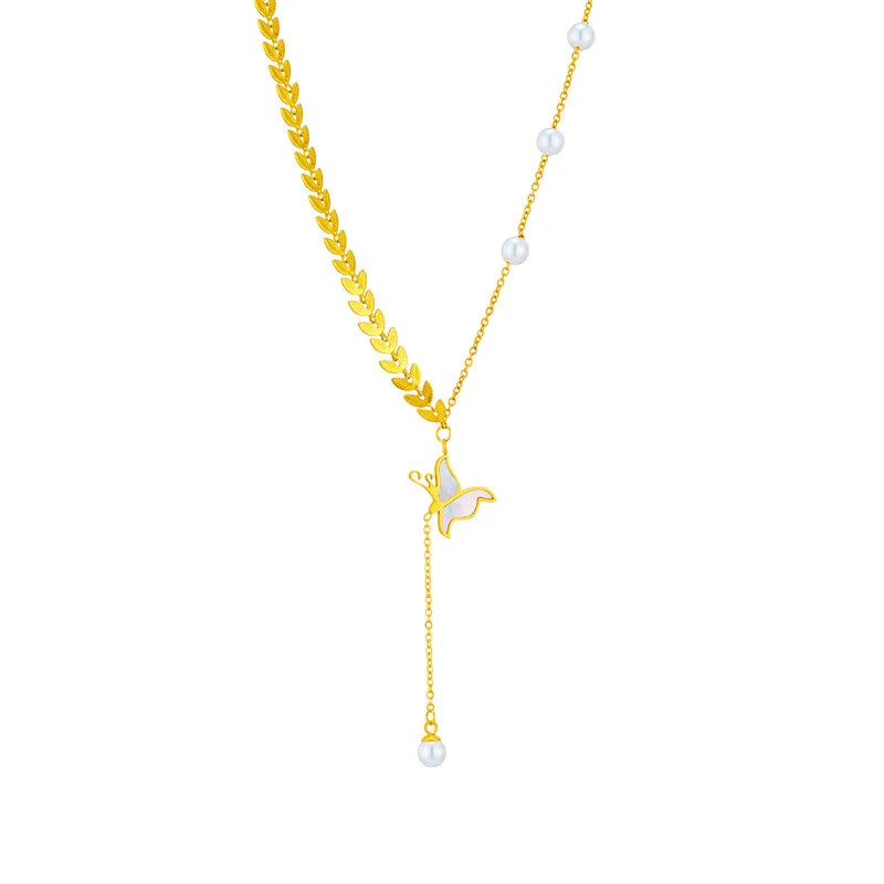 Korean Bowknot Chain Tassel Titanium Steel Electroplating Necklaces