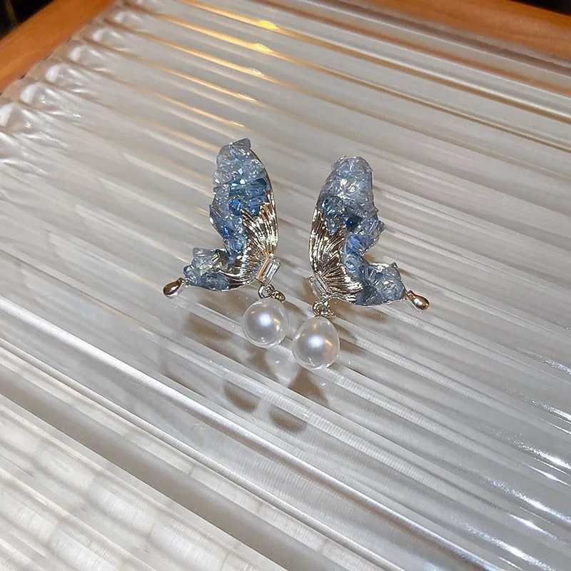Korean Fashion Blue Crystal Butterfly Dangle Earrings For Women