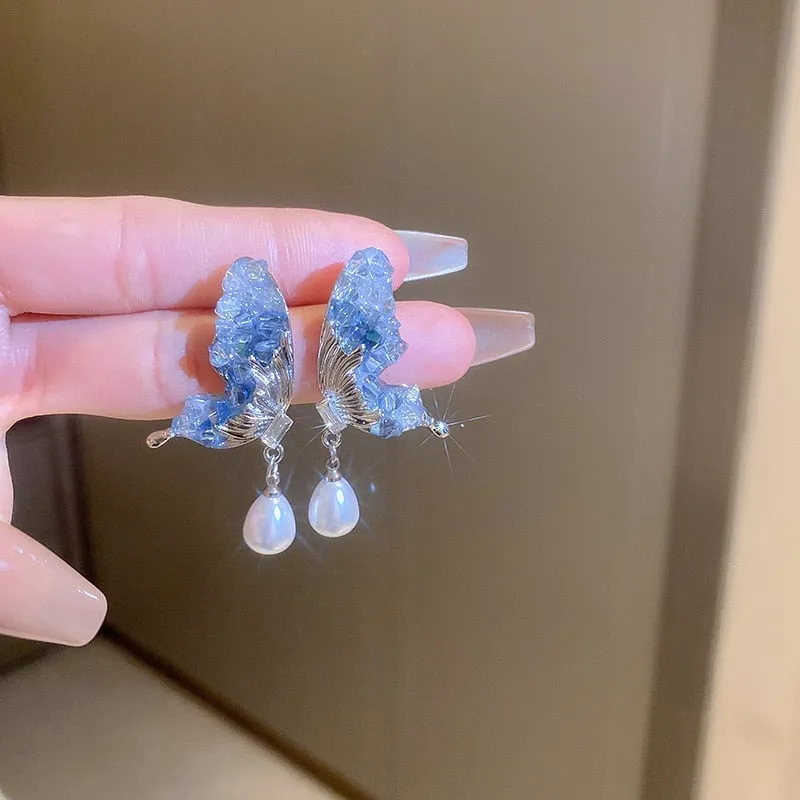 Korean Fashion Blue Crystal Butterfly Dangle Earrings For Women