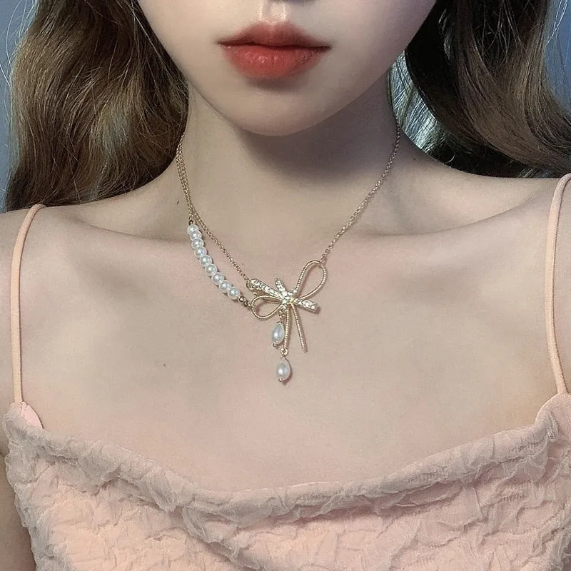 Korean Fashion Bowknot Rhonestone Double Layer Necklaces For Women