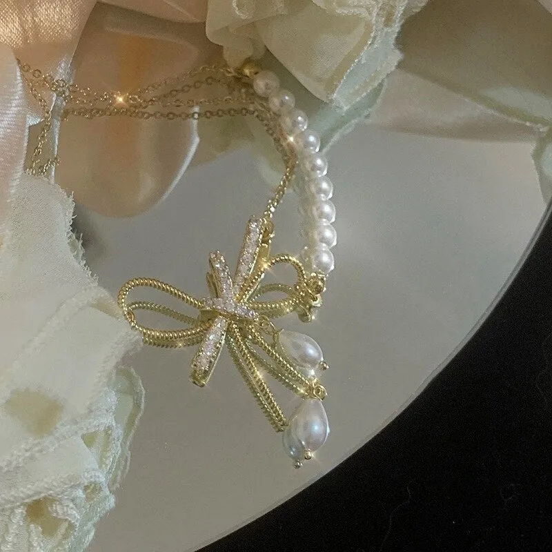 Korean Fashion Bowknot Rhonestone Double Layer Necklaces For Women