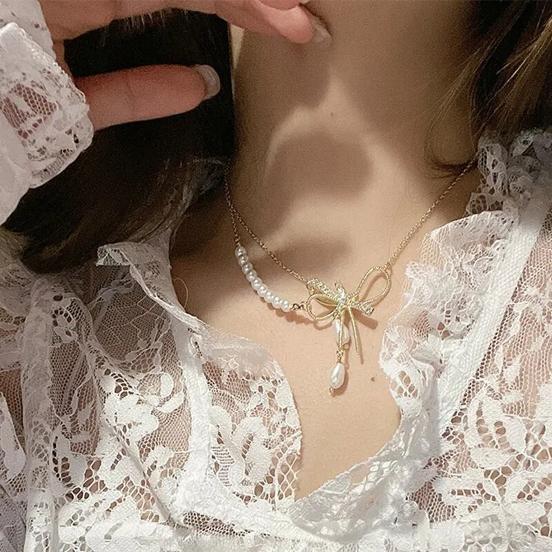 Korean Fashion Bowknot Rhonestone Double Layer Necklaces For Women