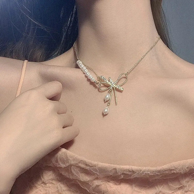 Korean Fashion Bowknot Rhonestone Double Layer Necklaces For Women