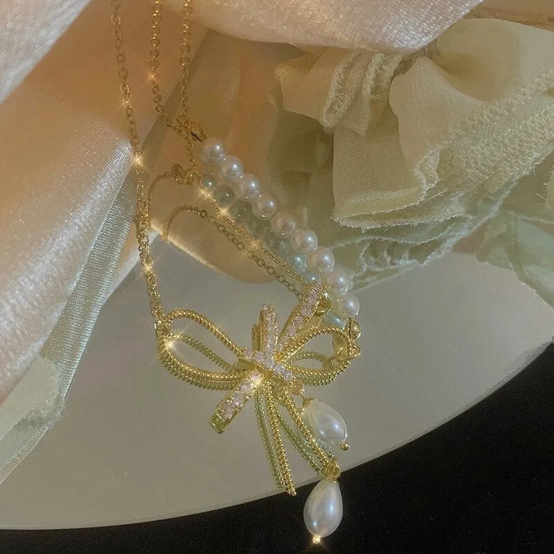 Korean Fashion Bowknot Rhonestone Double Layer Necklaces For Women
