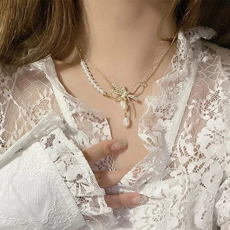 Korean Fashion Bowknot Rhonestone Double Layer Necklaces For Women