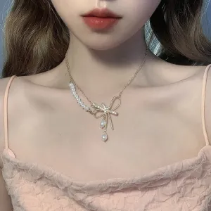 Korean Fashion Bowknot Rhonestone Double Layer Necklaces For Women
