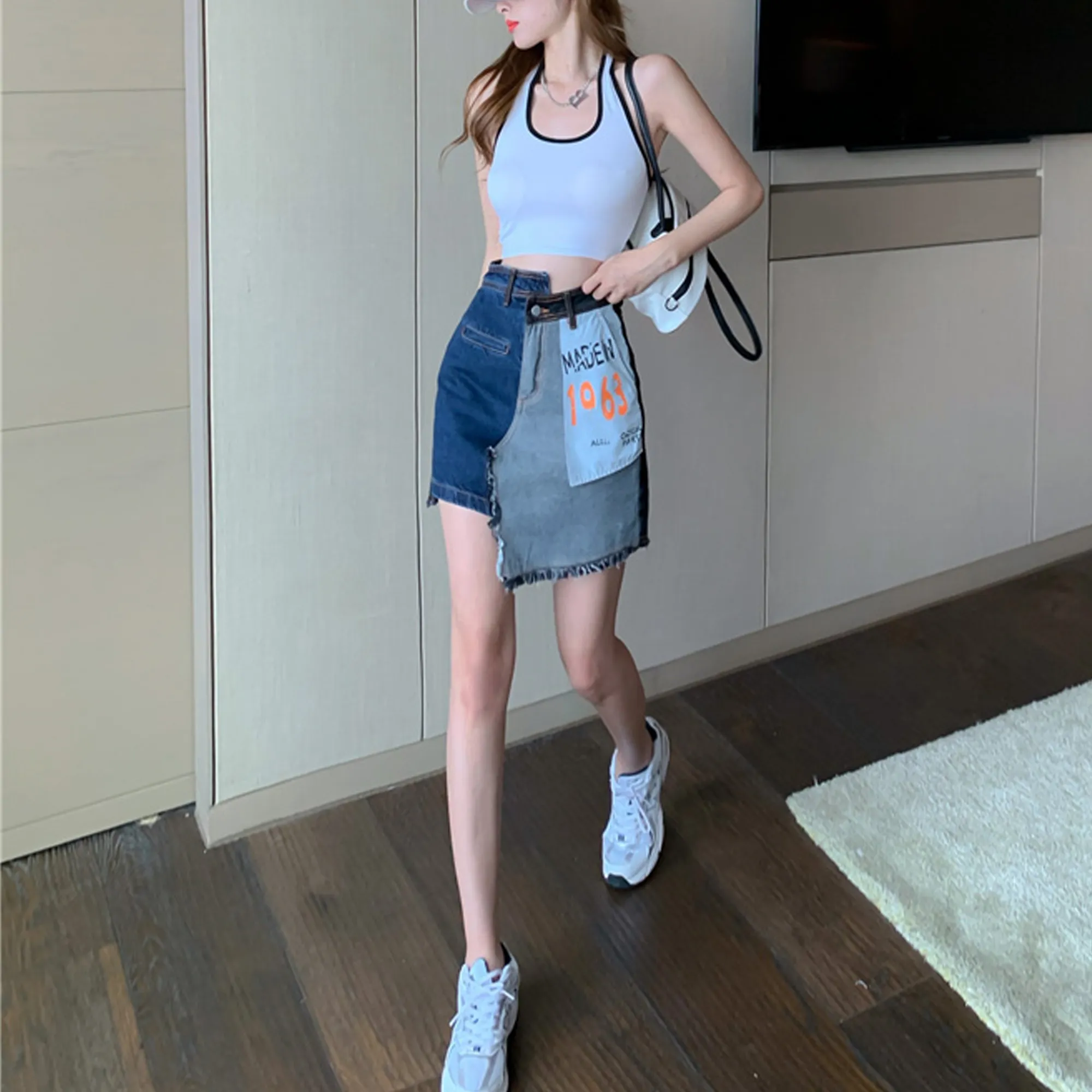 Korean High Waist A-line Denim Irregular Stitching Skirt Version
