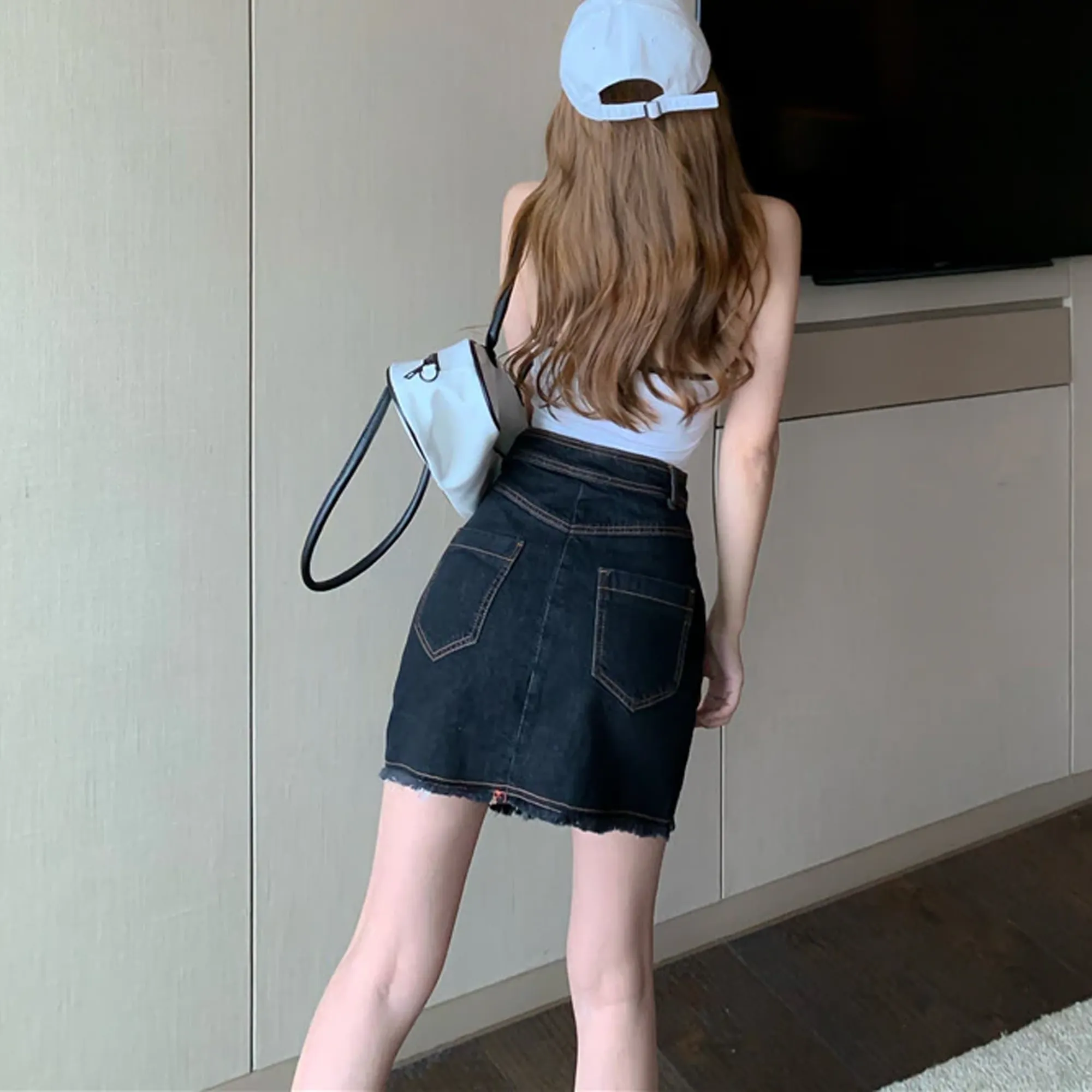 Korean High Waist A-line Denim Irregular Stitching Skirt Version