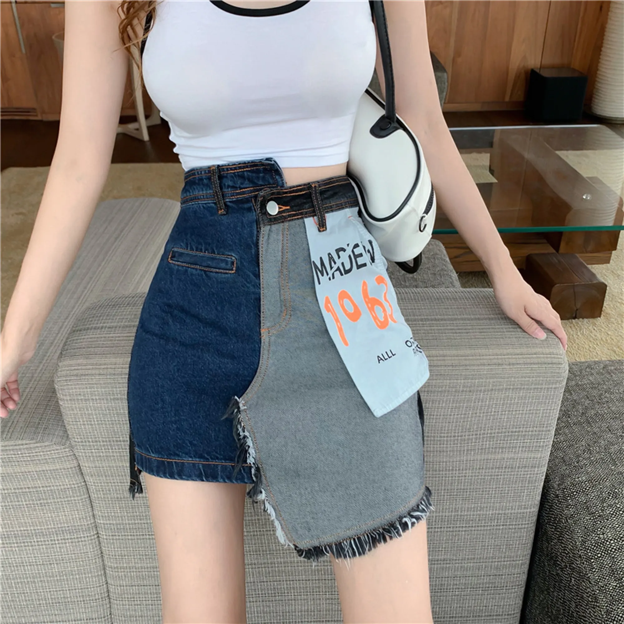 Korean High Waist A-line Denim Irregular Stitching Skirt Version