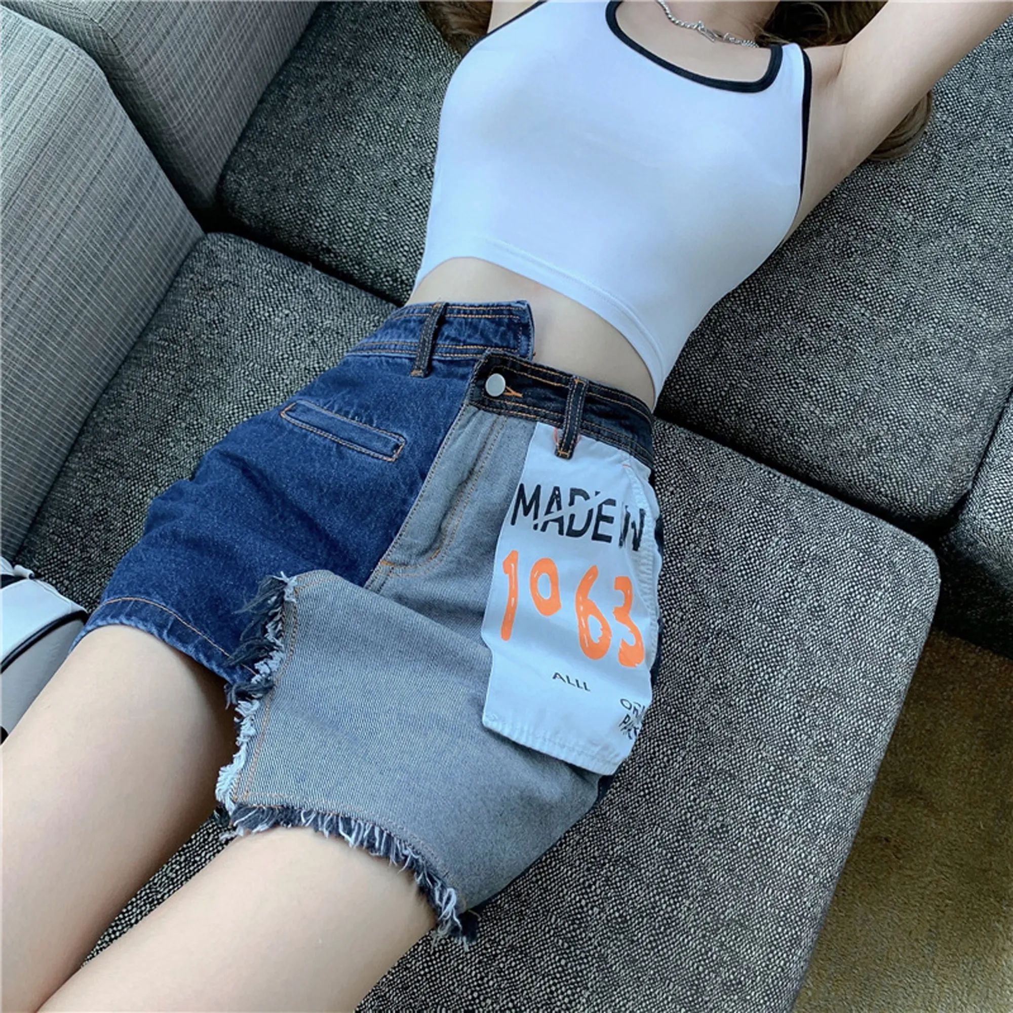 Korean High Waist A-line Denim Irregular Stitching Skirt Version