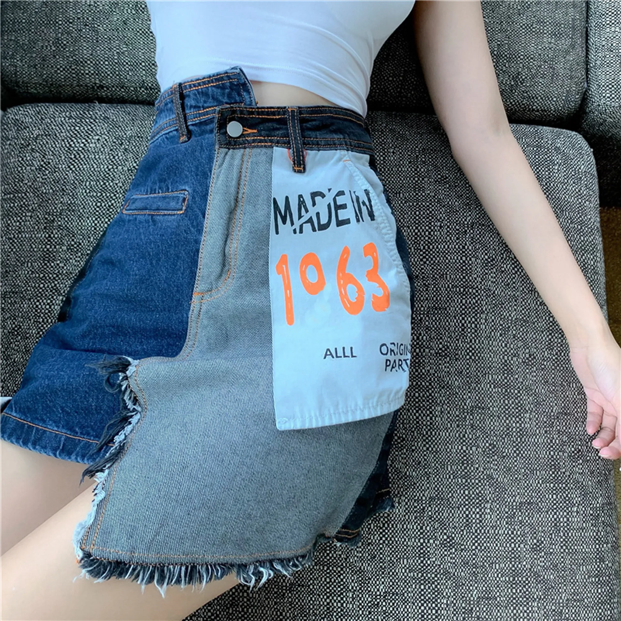 Korean High Waist A-line Denim Irregular Stitching Skirt Version