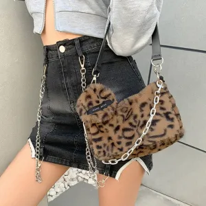 Korean Plush Leopard Shoulder Bags for Women Winter Fluffy Textures Hot Girl Handle Bag Fashion Female Purses and Handbag Dating