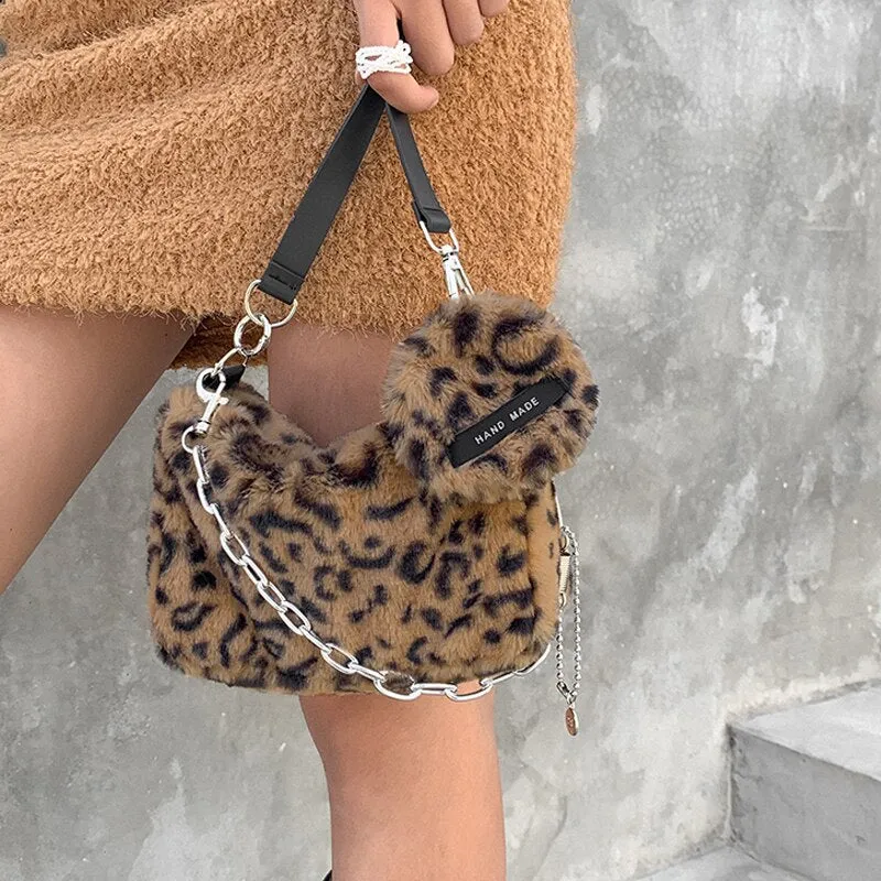 Korean Plush Leopard Shoulder Bags for Women Winter Fluffy Textures Hot Girl Handle Bag Fashion Female Purses and Handbag Dating