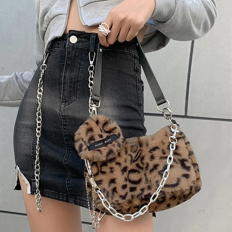 Korean Plush Leopard Shoulder Bags for Women Winter Fluffy Textures Hot Girl Handle Bag Fashion Female Purses and Handbag Dating