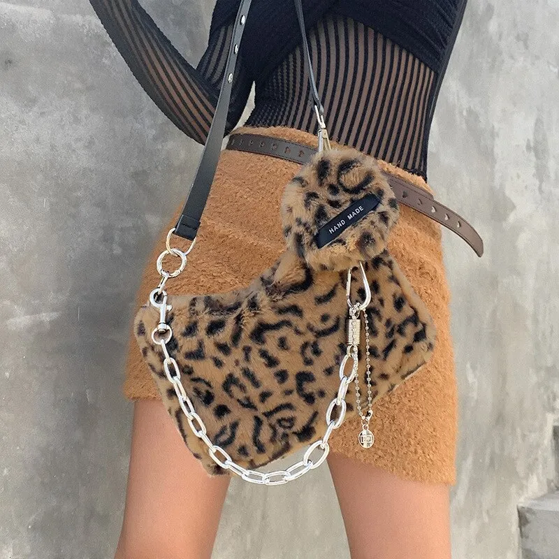Korean Plush Leopard Shoulder Bags for Women Winter Fluffy Textures Hot Girl Handle Bag Fashion Female Purses and Handbag Dating