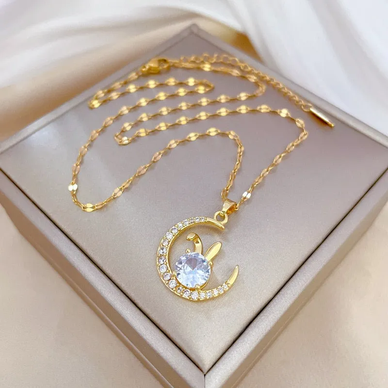 Korean Rabbit On The Moon Crystal Pendant Necklace For Women