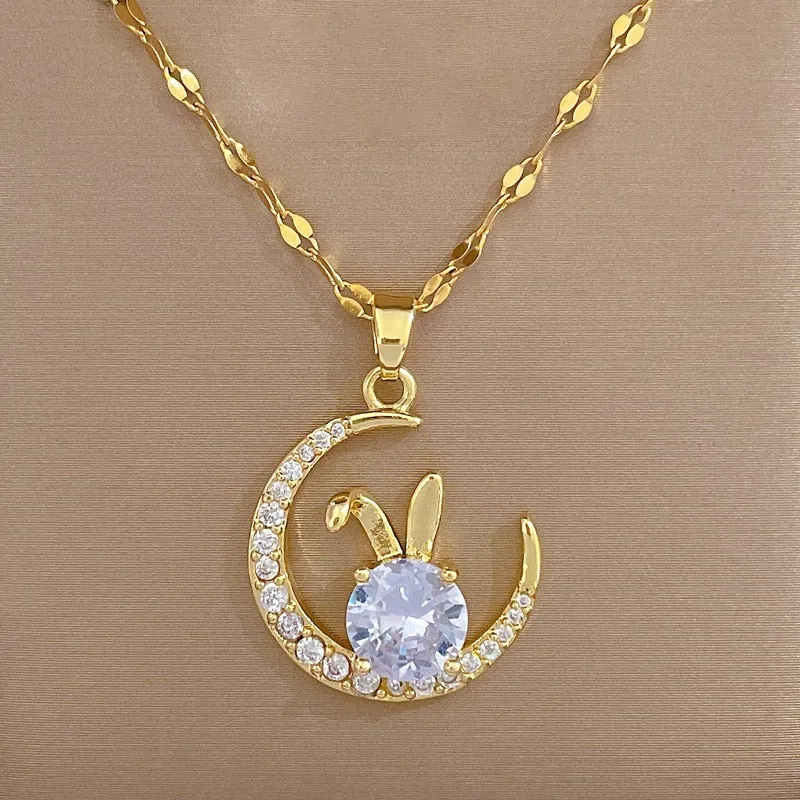 Korean Rabbit On The Moon Crystal Pendant Necklace For Women
